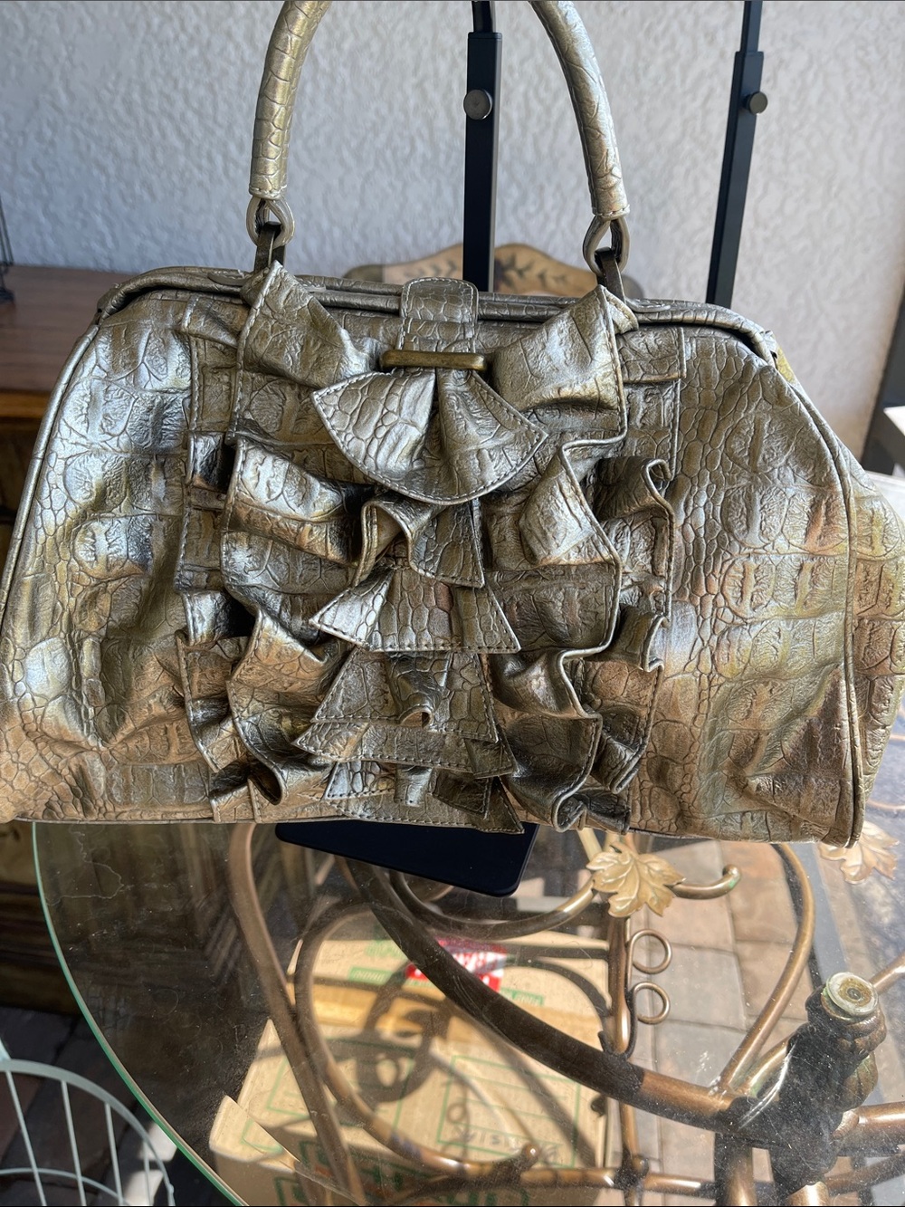 Metallic Gold Ruffle Satchel Handbag